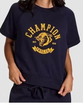 Champion Kids Navy Short-Sleeve Sweatshirt with Yellow Logo